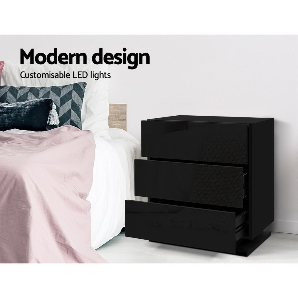 Artiss 2x Bedside Table LED 3 Drawers - MORI Black - Homecoze