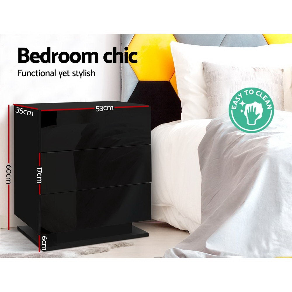 Artiss 2x Bedside Table LED 3 Drawers - MORI Black - Homecoze