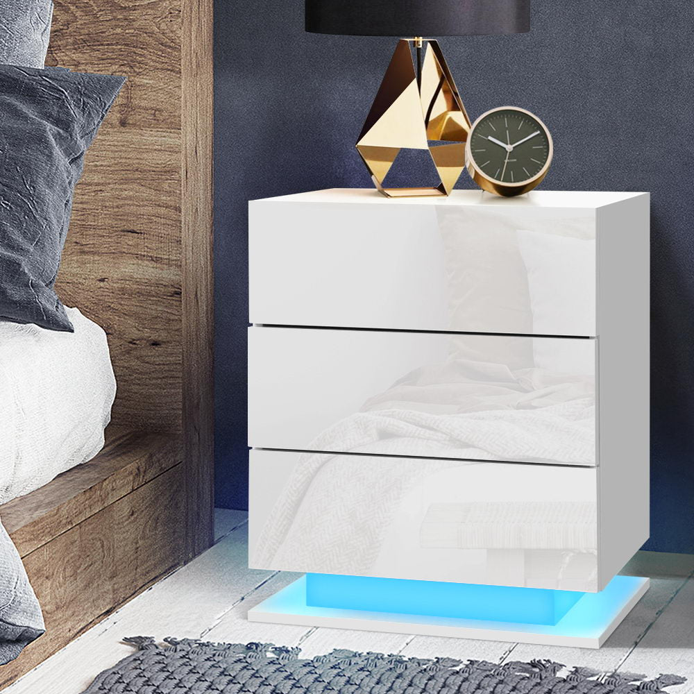 Bedside Tables Side Table RGB LED Lamp 3 Drawers Nightstand Gloss White - Homecoze