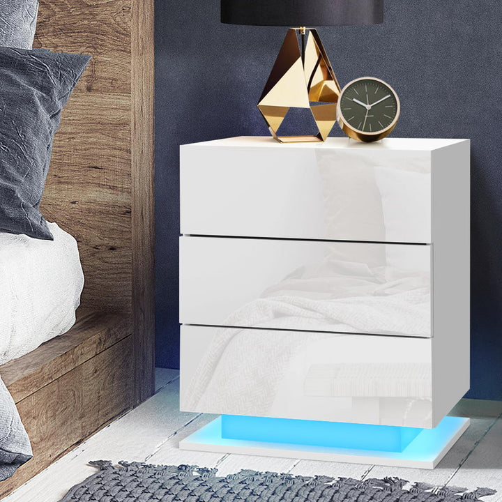 Bedside Tables Side Table RGB LED Lamp 3 Drawers Nightstand Gloss White - Homecoze