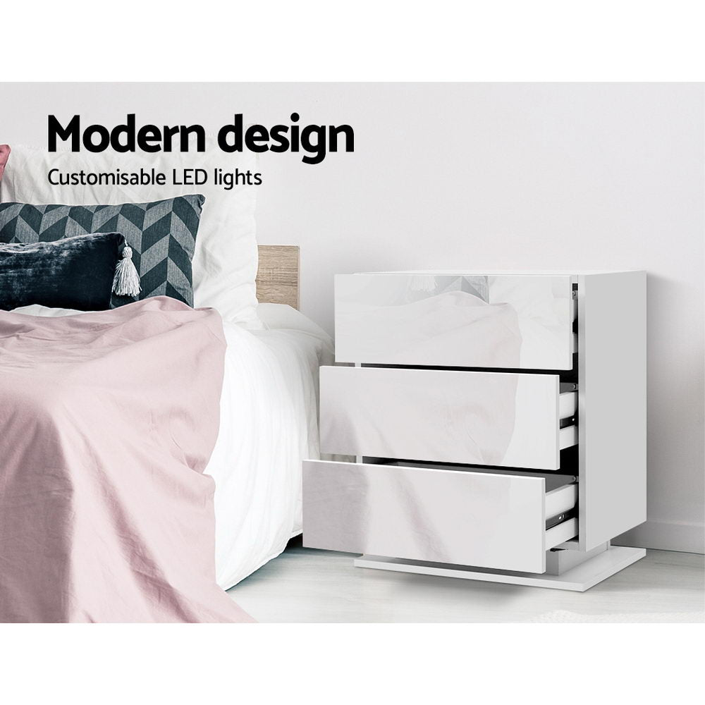 Bedside Tables Side Table RGB LED Lamp 3 Drawers Nightstand Gloss White - Homecoze
