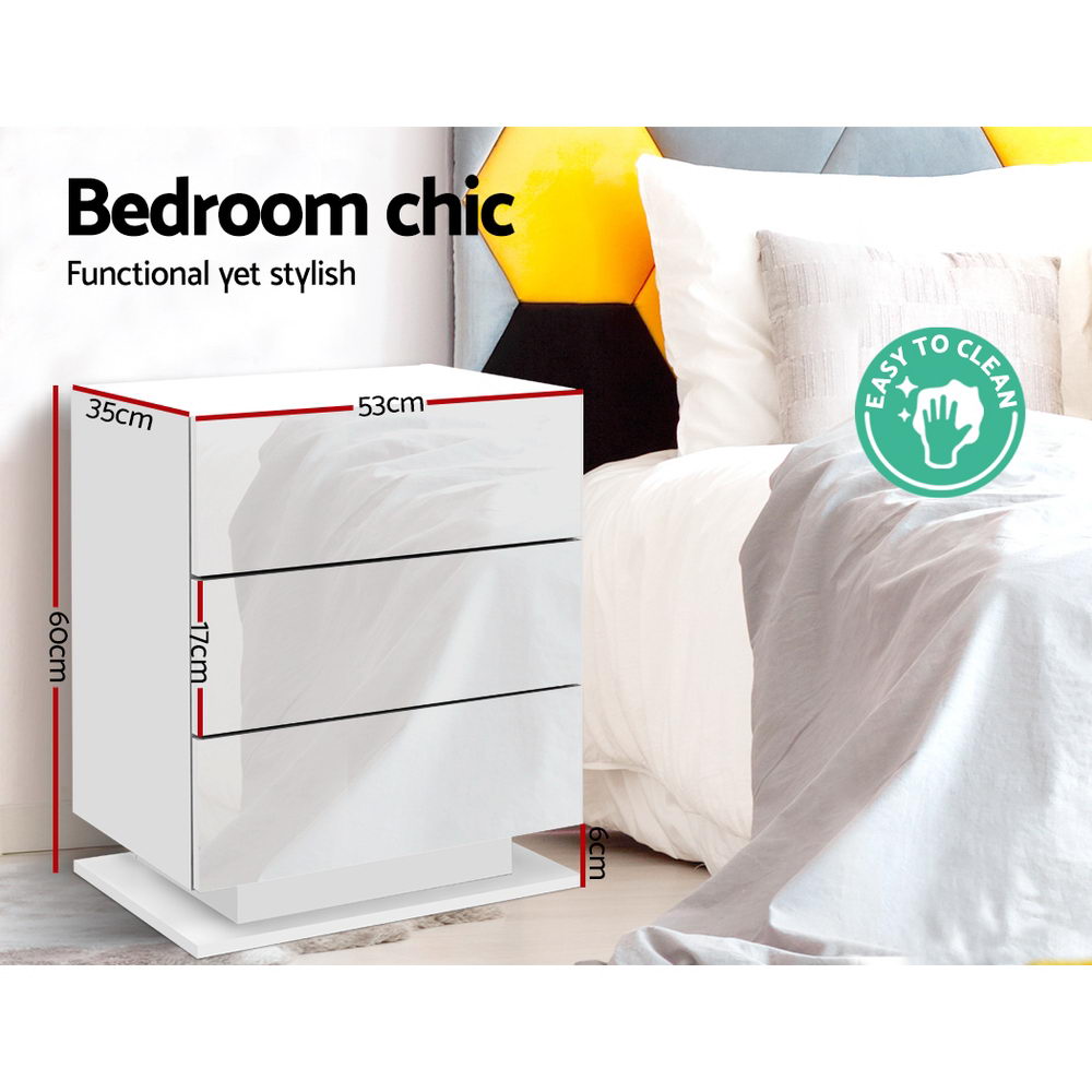 Bedside Tables Side Table RGB LED Lamp 3 Drawers Nightstand Gloss White - Homecoze