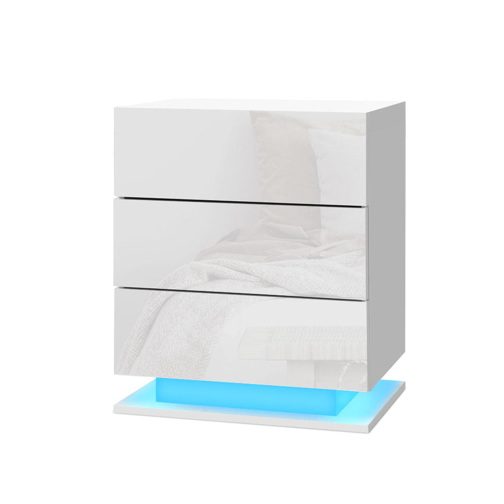 Bedside Tables Side Table RGB LED Lamp 3 Drawers Nightstand Gloss White - Homecoze