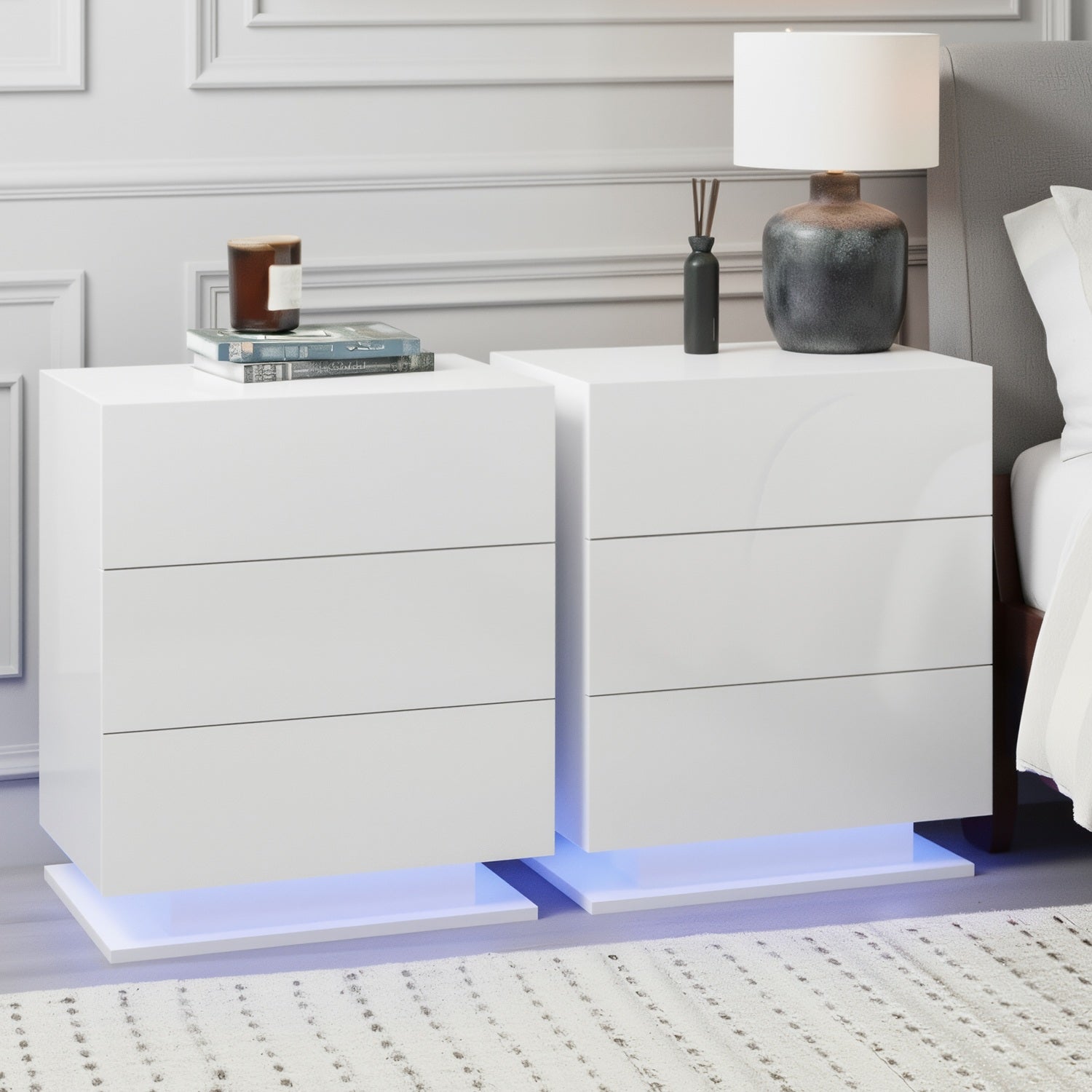Artiss 2x Bedside Table LED 3 Drawers - MORI White - Homecoze