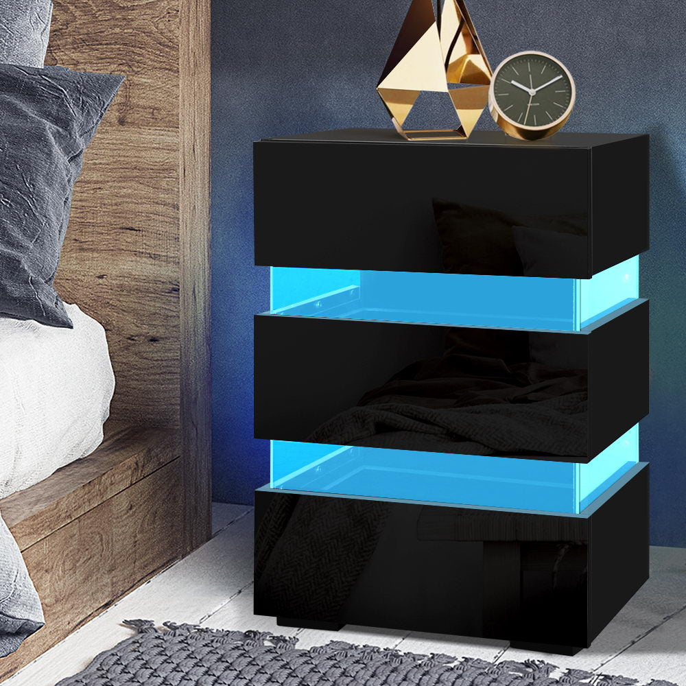 High Gloss 3 Drawer Bedside Table with RGB LED Light - Gloss Black - Homecoze