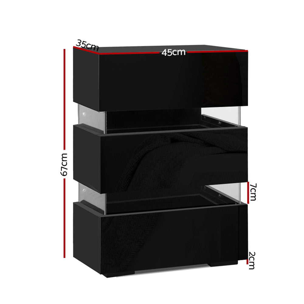 High Gloss 3 Drawer Bedside Table with RGB LED Light - Gloss Black - Homecoze
