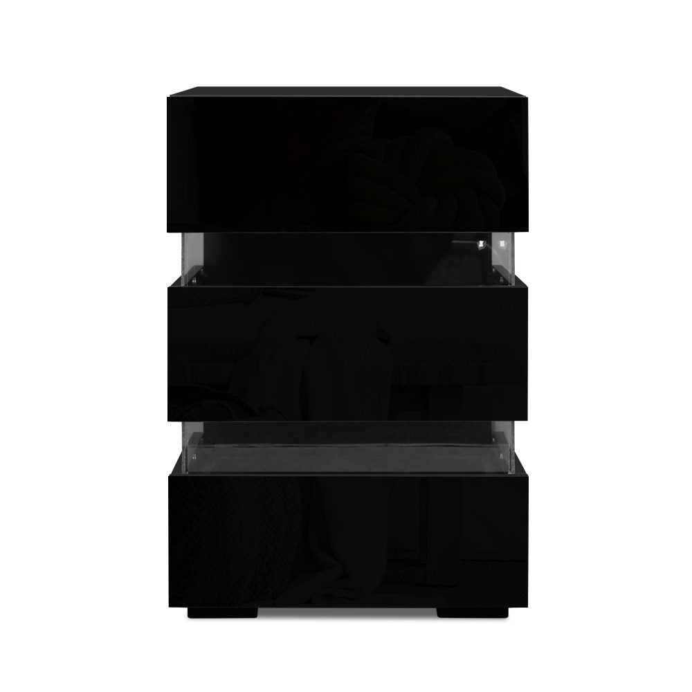 High Gloss 3 Drawer Bedside Table with RGB LED Light - Gloss Black - Homecoze