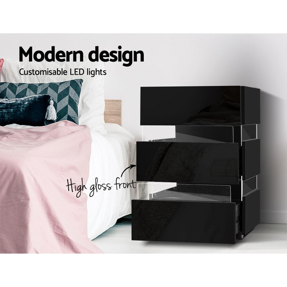 High Gloss 3 Drawer Bedside Table with RGB LED Light - Gloss Black - Homecoze