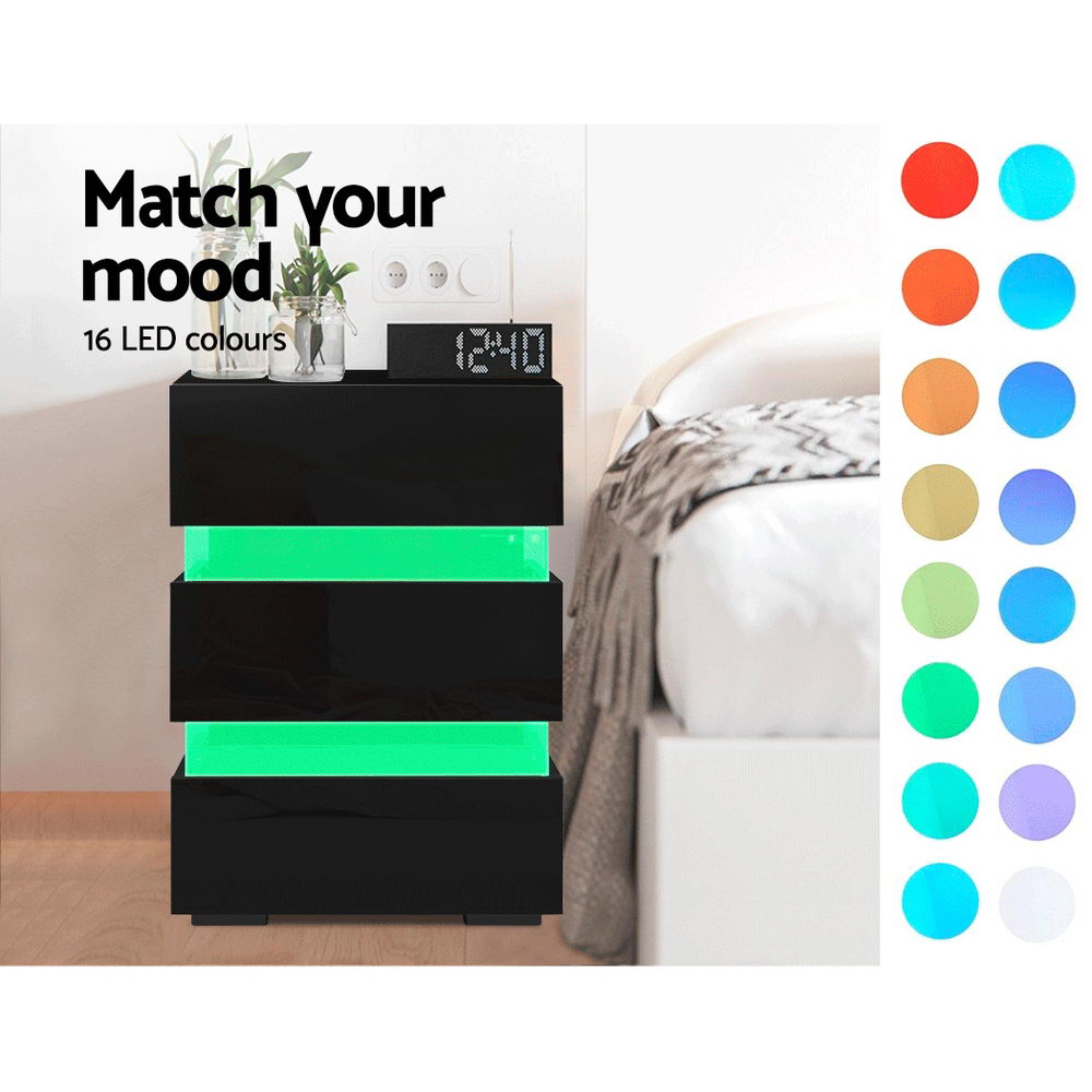 High Gloss 3 Drawer Bedside Table with RGB LED Light - Gloss Black - Homecoze