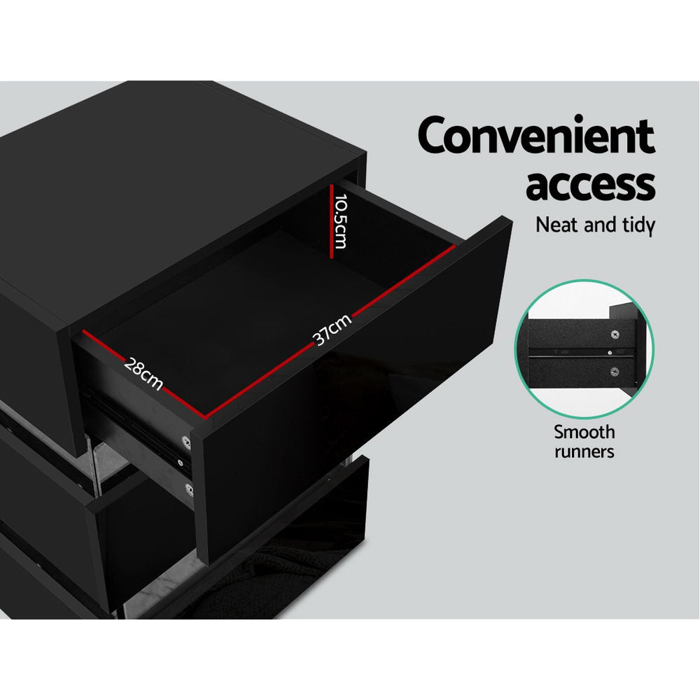 High Gloss 3 Drawer Bedside Table with RGB LED Light - Gloss Black - Homecoze