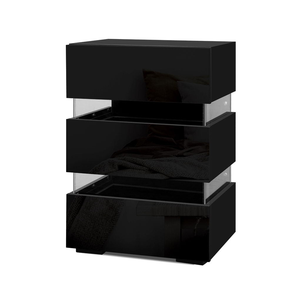High Gloss 3 Drawer Bedside Table with RGB LED Light - Gloss Black - Homecoze