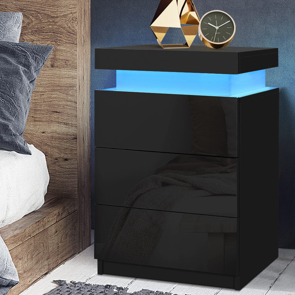 High Gloss 3 Drawer Bedside Table with RGB LED Light & Top Compartment - Gloss Black - Homecoze