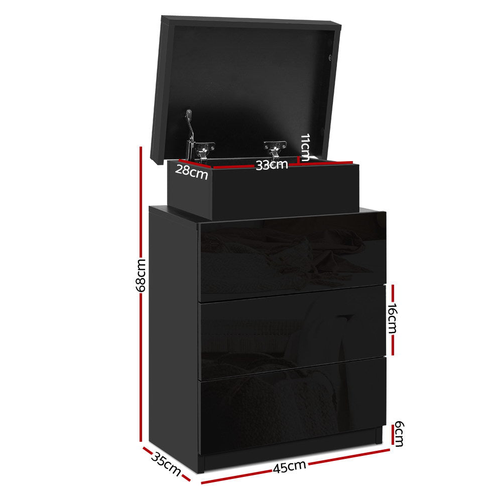 High Gloss 3 Drawer Bedside Table with RGB LED Light & Top Compartment - Gloss Black - Homecoze