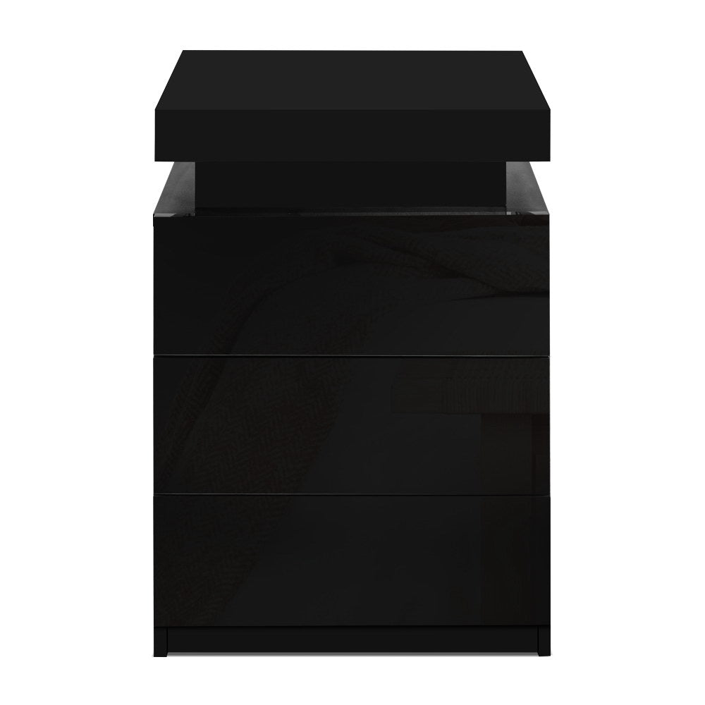 High Gloss 3 Drawer Bedside Table with RGB LED Light & Top Compartment - Gloss Black - Homecoze