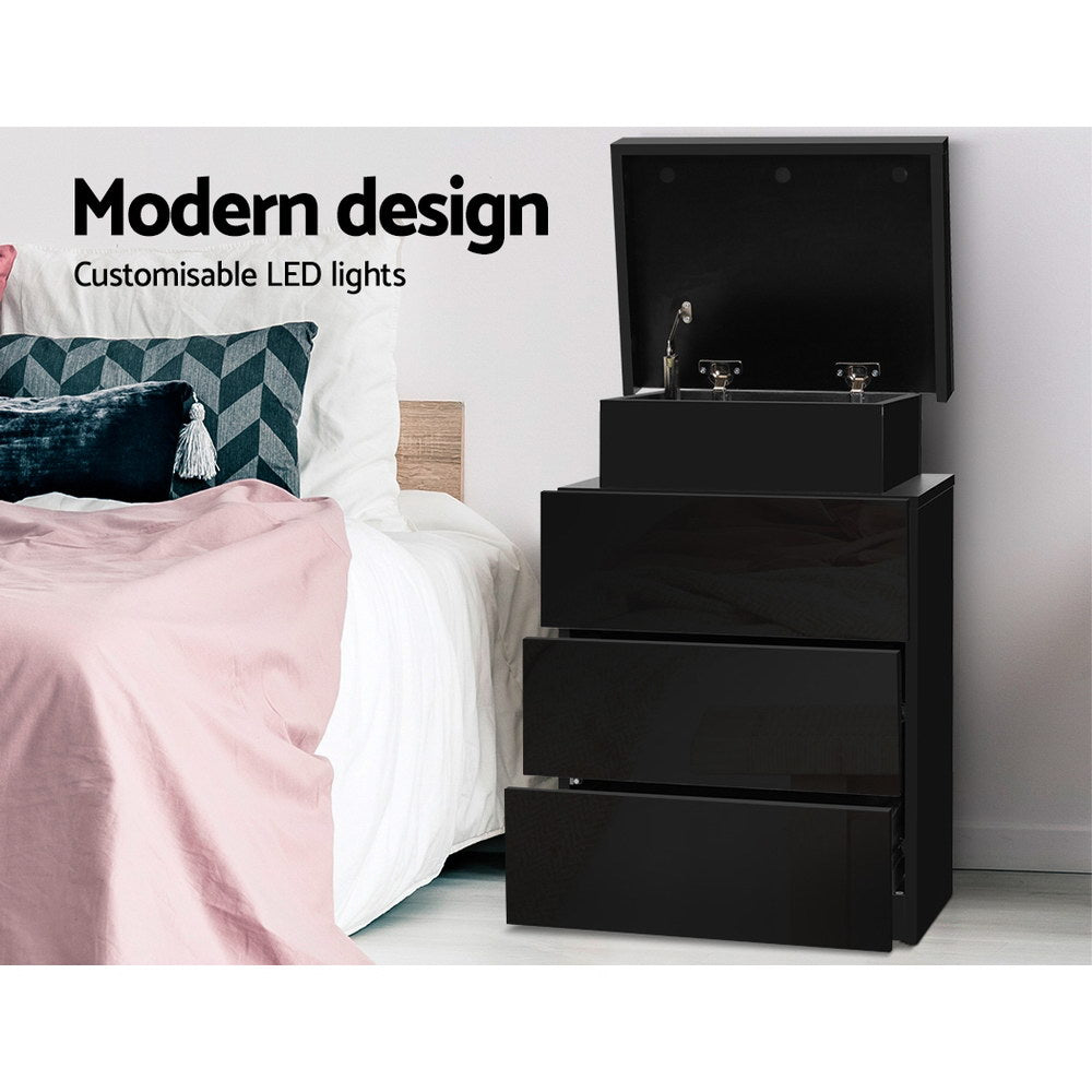 High Gloss 3 Drawer Bedside Table with RGB LED Light & Top Compartment - Gloss Black - Homecoze