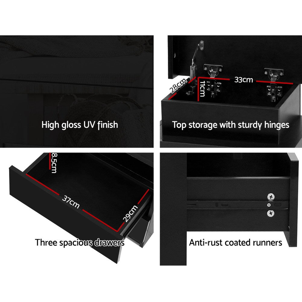 High Gloss 3 Drawer Bedside Table with RGB LED Light & Top Compartment - Gloss Black - Homecoze