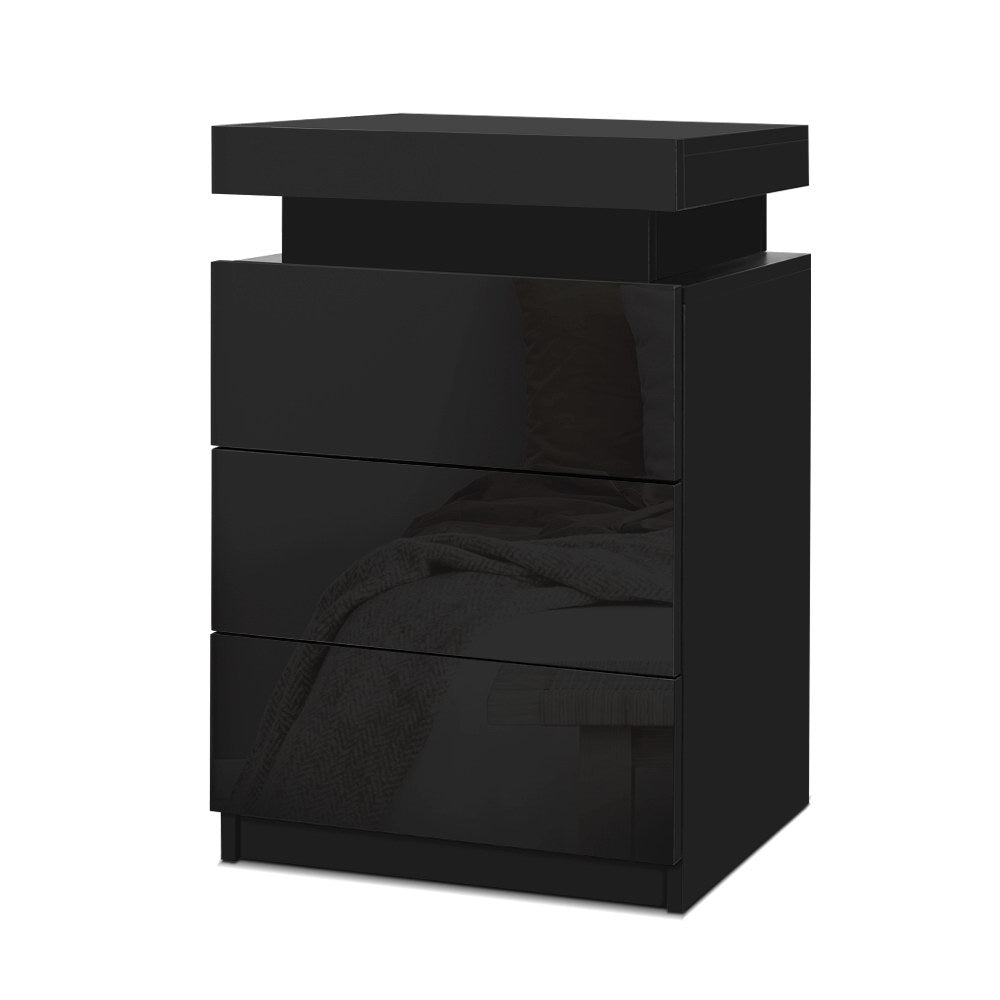 High Gloss 3 Drawer Bedside Table with RGB LED Light & Top Compartment - Gloss Black - Homecoze