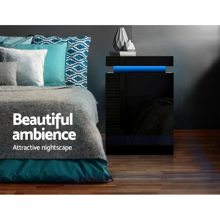 Zylo LED Bedside Table 3 Drawer – Black - Homecoze