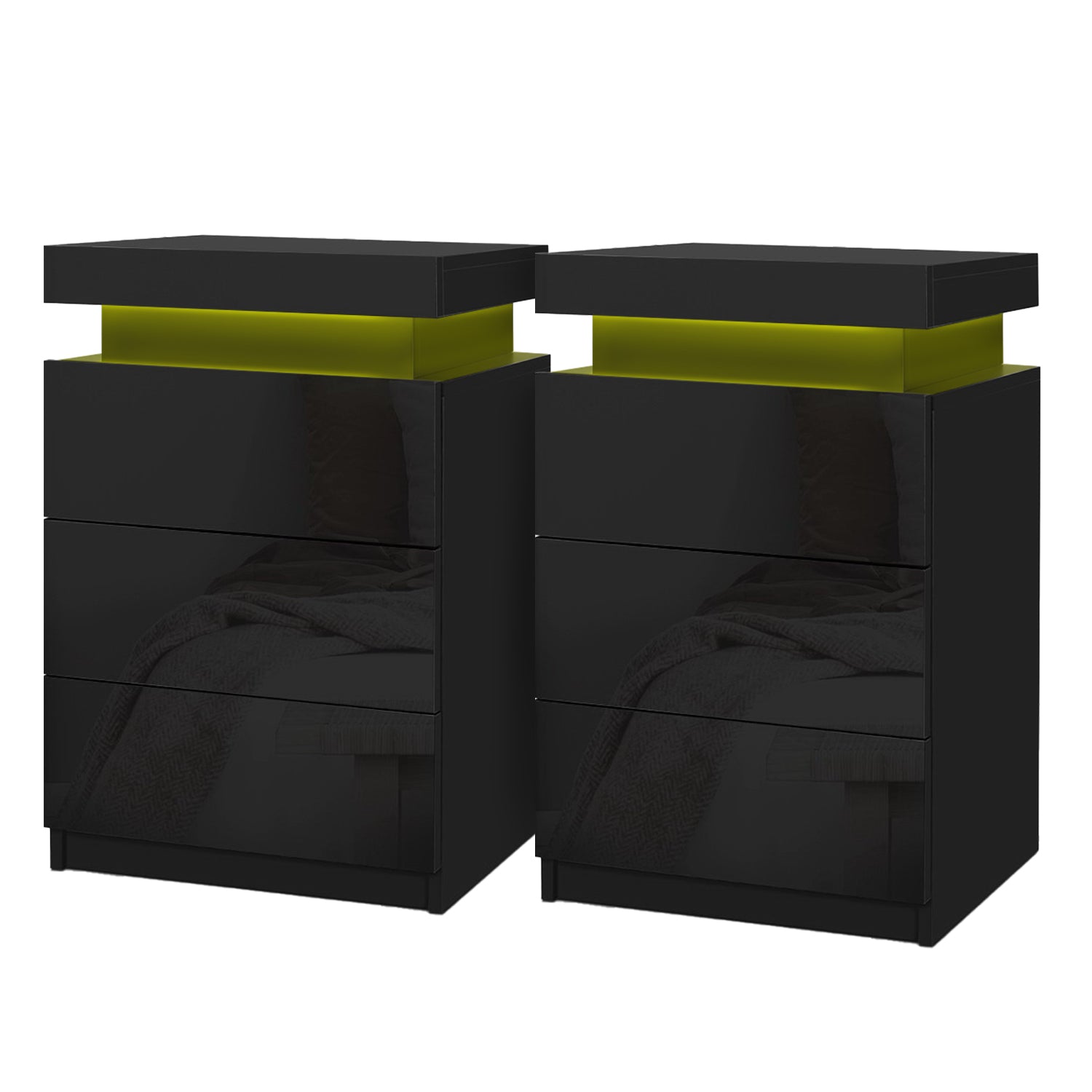 Artiss 2X Bedside Table LED 3 Drawers - COLEY Black - Homecoze