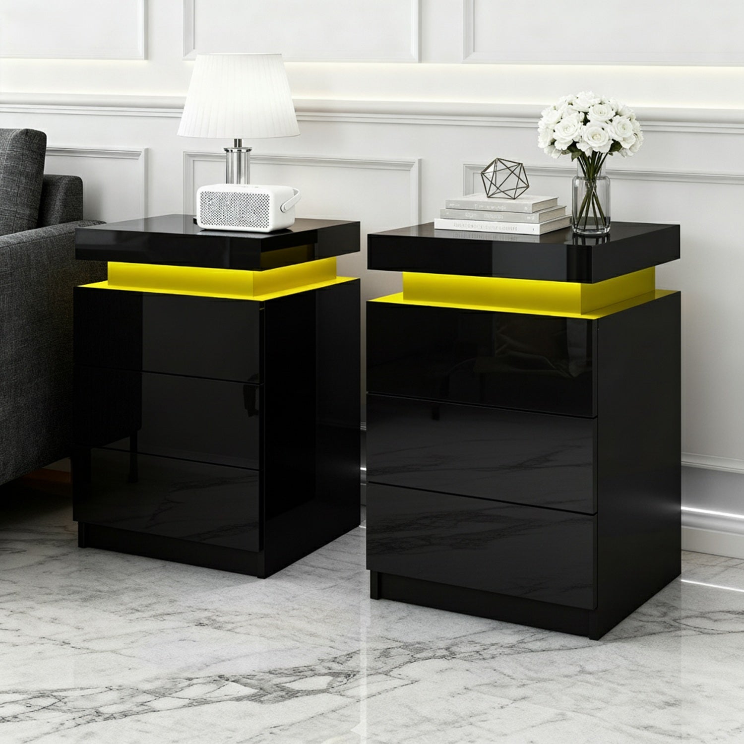 Artiss 2X Bedside Table LED 3 Drawers - COLEY Black - Homecoze