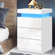 High Gloss 3 Drawer Bedside Table with RGB LED Light & Top Compartment - Gloss White - Homecoze