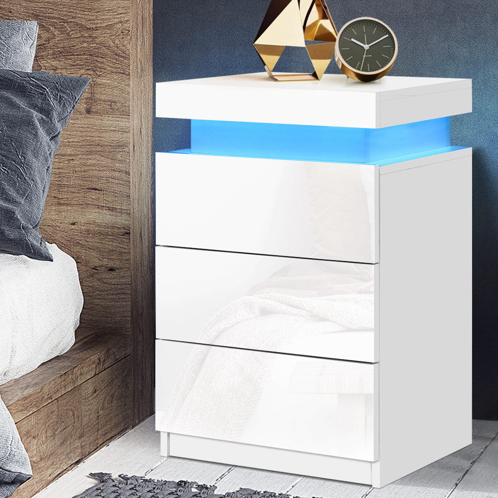 High Gloss 3 Drawer Bedside Table with RGB LED Light & Top Compartment - Gloss White - Homecoze