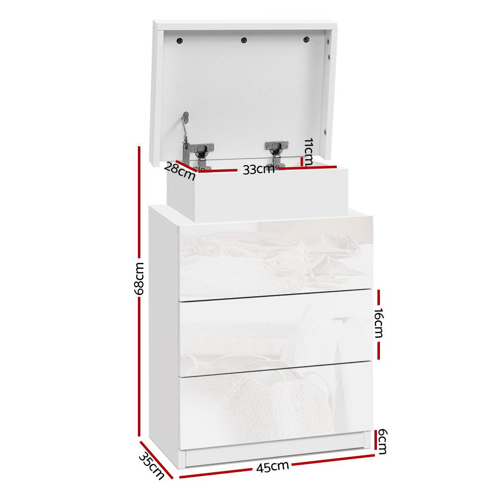 High Gloss 3 Drawer Bedside Table with RGB LED Light & Top Compartment - Gloss White - Homecoze