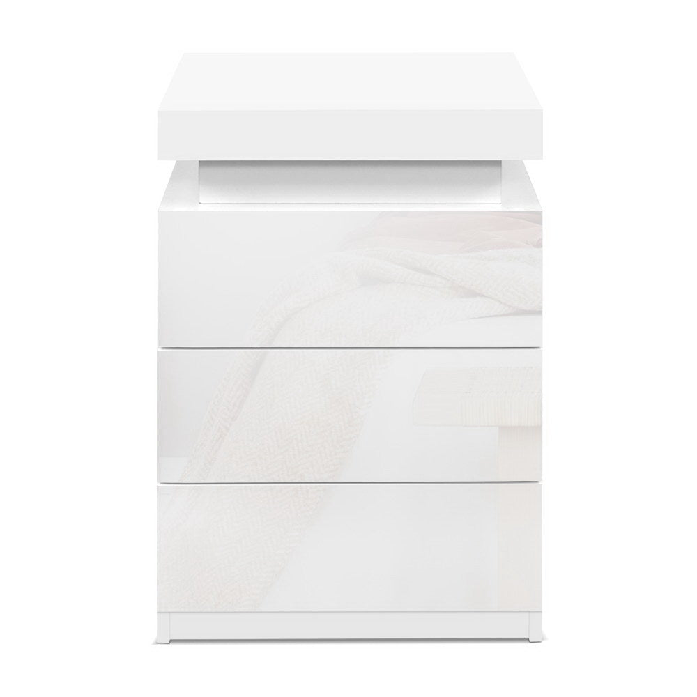 High Gloss 3 Drawer Bedside Table with RGB LED Light & Top Compartment - Gloss White - Homecoze