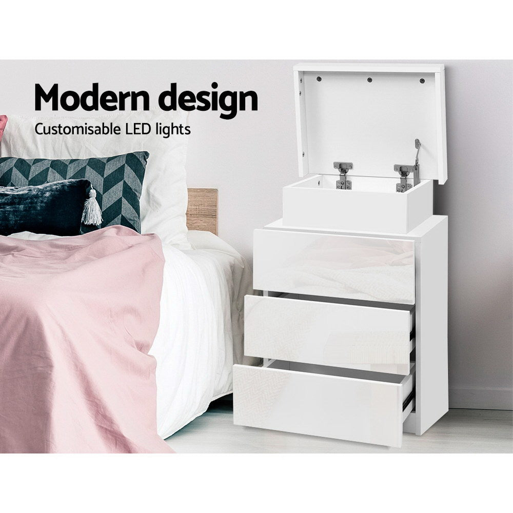 High Gloss 3 Drawer Bedside Table with RGB LED Light & Top Compartment - Gloss White - Homecoze