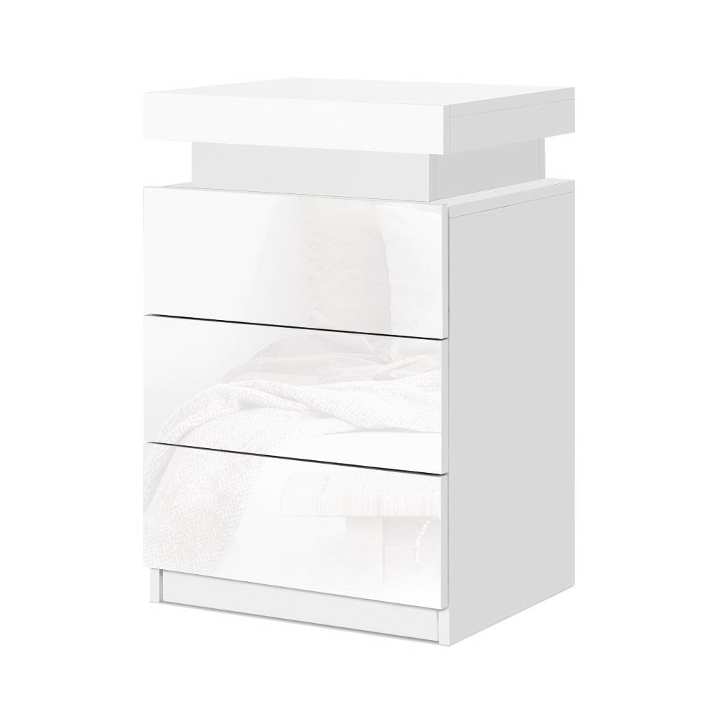 High Gloss 3 Drawer Bedside Table with RGB LED Light & Top Compartment - Gloss White - Homecoze