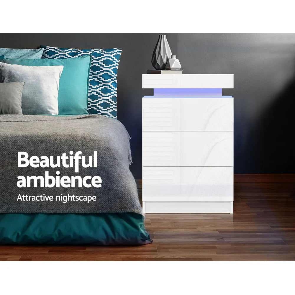 Zylo LED Bedside Table 3 Drawer – White - Homecoze