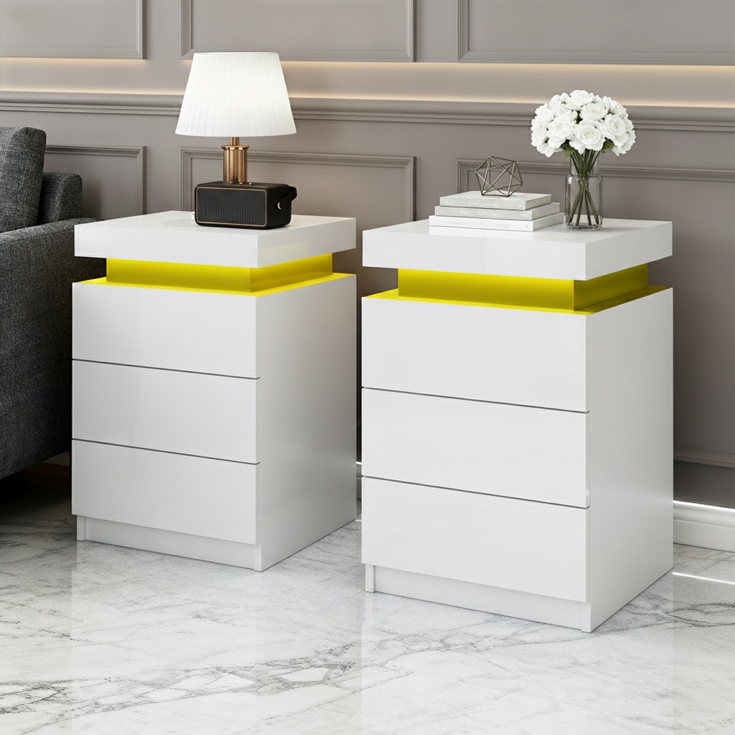 Artiss 2X Bedside Table LED 3 Drawers - COLEY White - Homecoze
