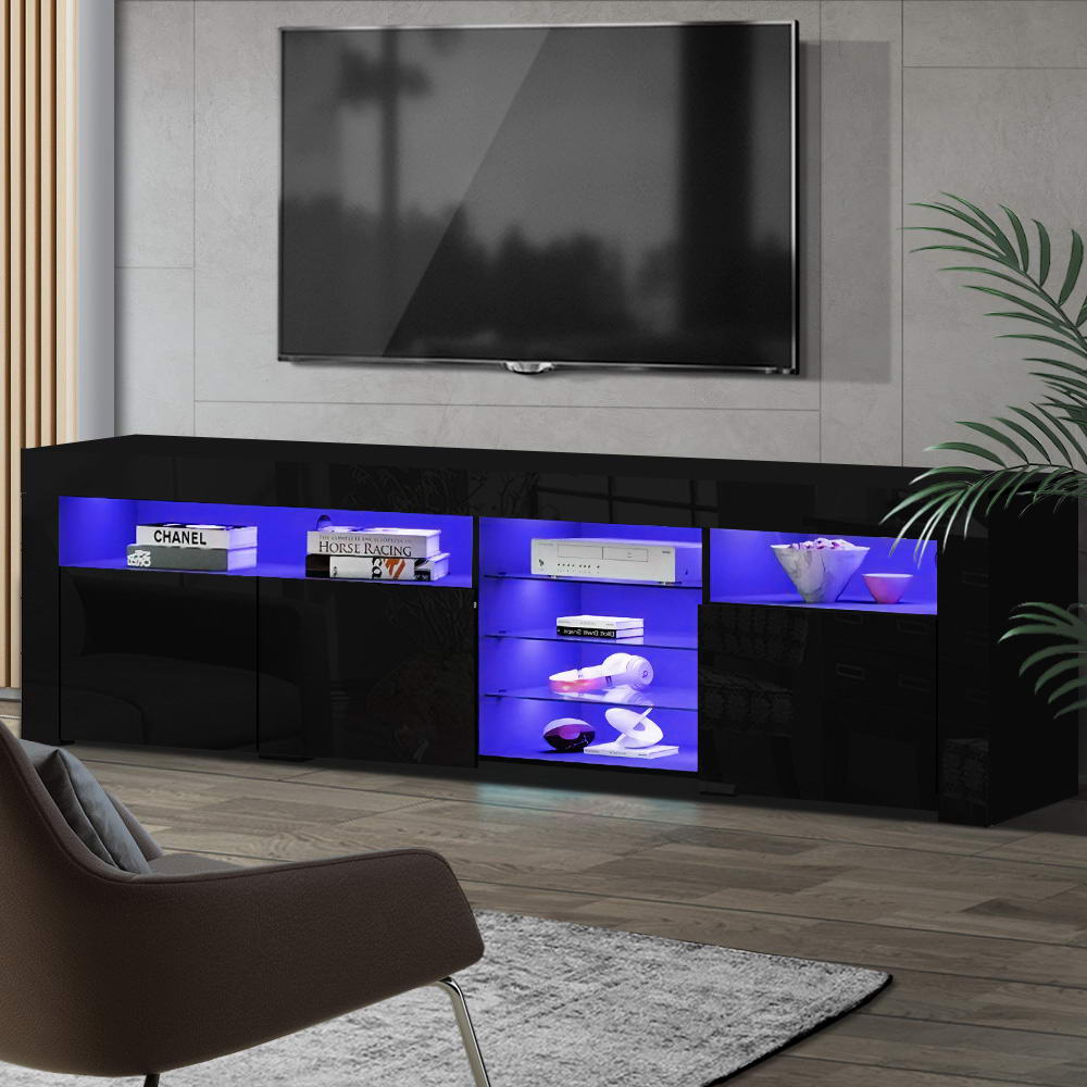 RGB LED Gloss TV Cabinet Entertainment Unit  3 Doors 180cm - Black - Homecoze