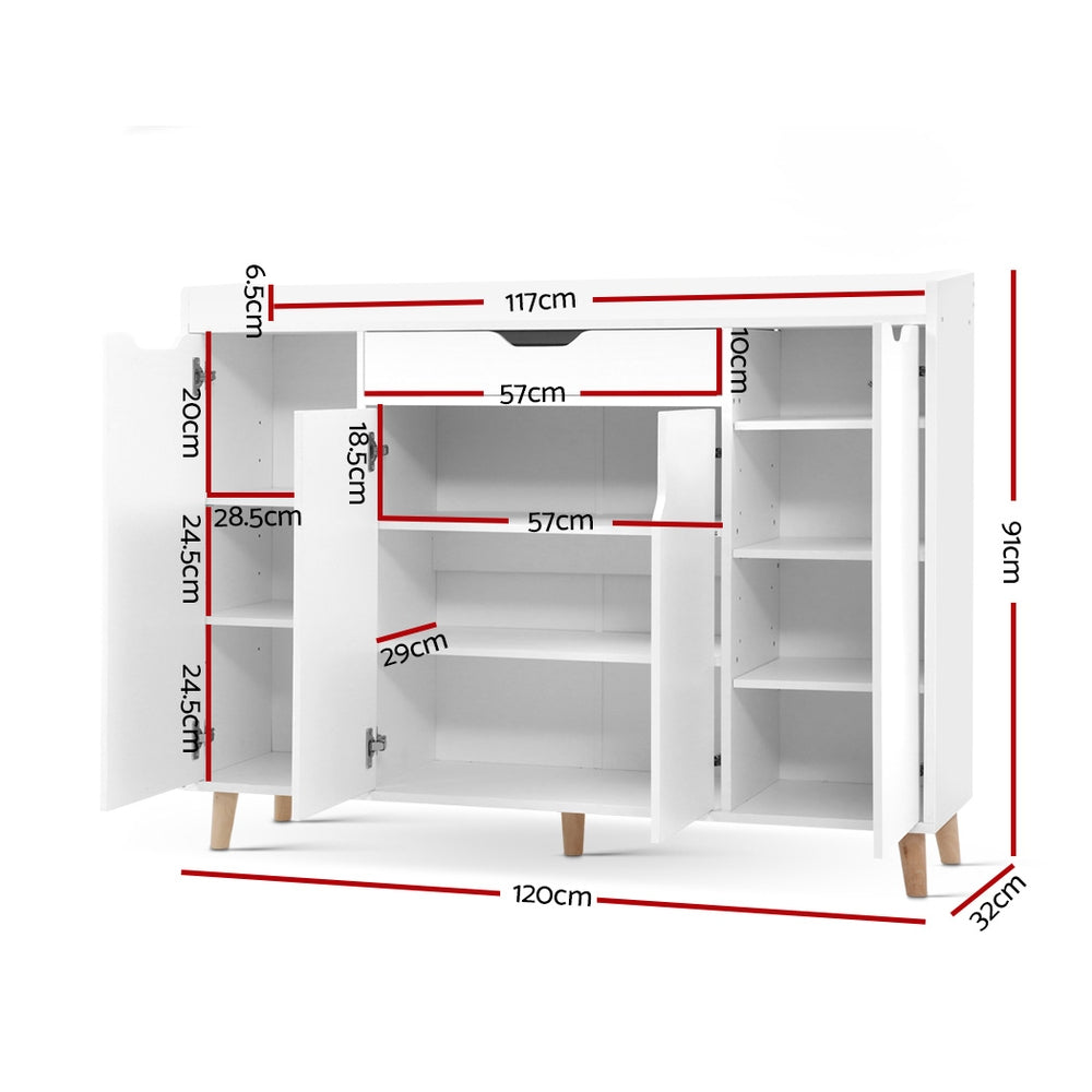 Large Shoe Storage Cabinet Sideboard with Drawer 120cm - White - Homecoze