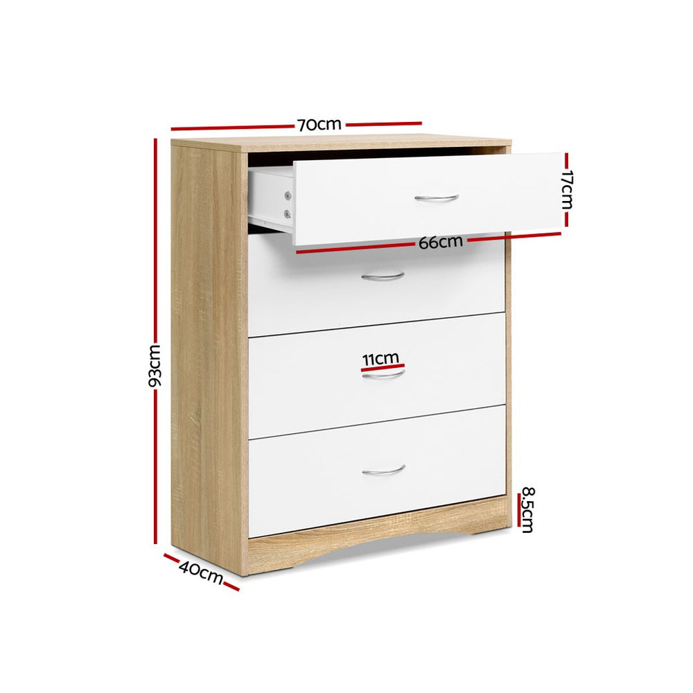 4 Drawer Chest of Drawers Tallboy Bedroom Storage Cabinet - White & Wood - Homecoze