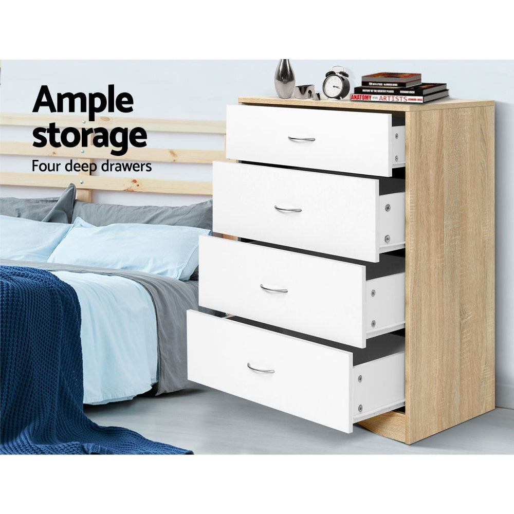 4 Drawer Chest of Drawers Tallboy Bedroom Storage Cabinet - White & Wood - Homecoze