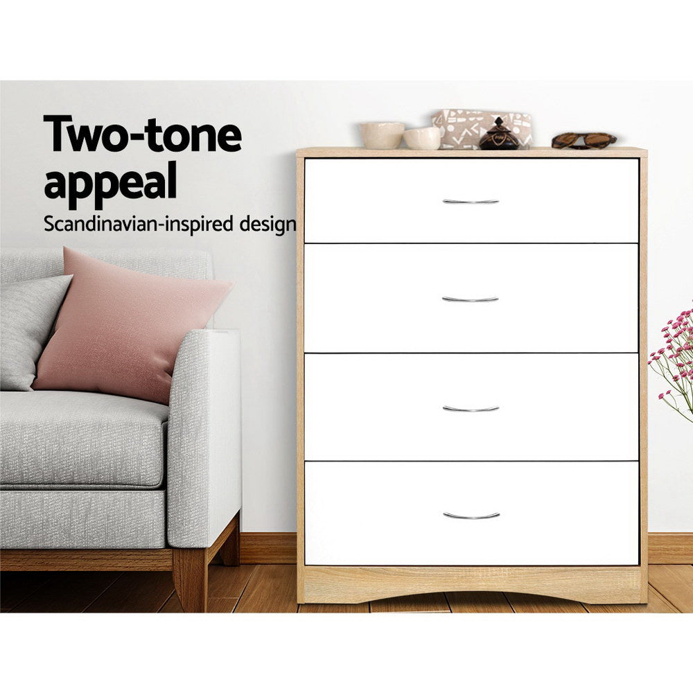 4 Drawer Chest of Drawers Tallboy Bedroom Storage Cabinet - White & Wood - Homecoze