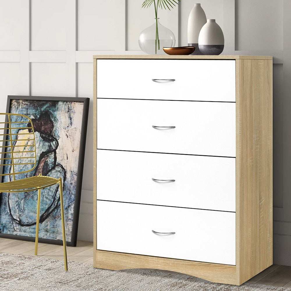 4 Drawer Chest of Drawers Tallboy Bedroom Storage Cabinet - White & Wood - Homecoze