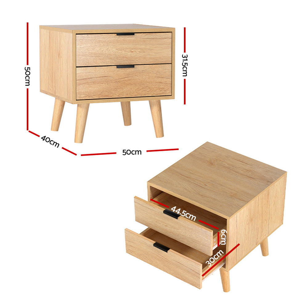 Scandinavian Style Bed Side Table Nightstand with 2 Drawers - Pine - Homecoze