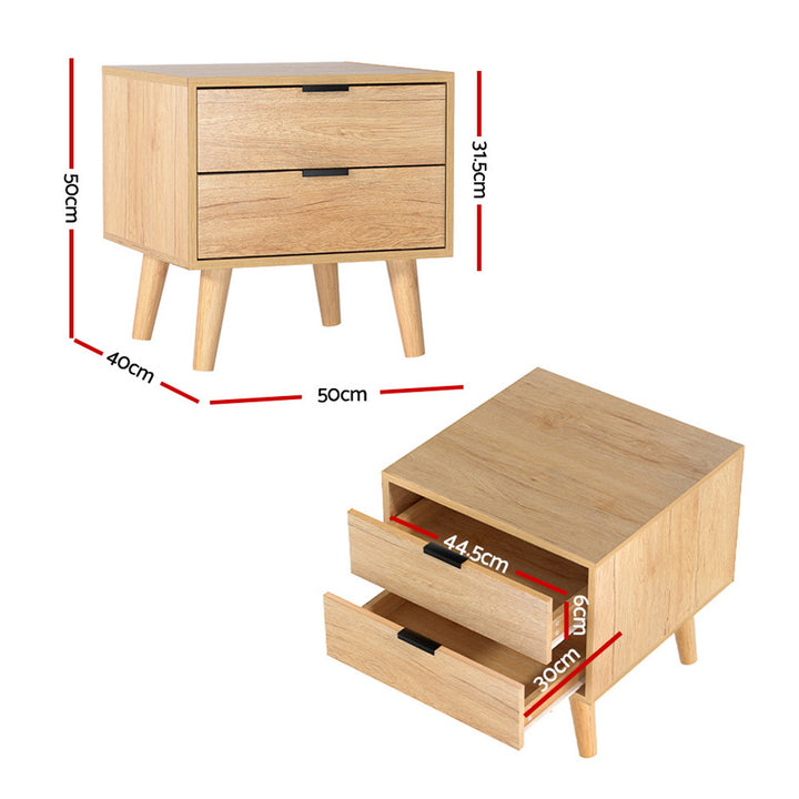 Scandinavian Style Bed Side Table Nightstand with 2 Drawers - Pine - Homecoze