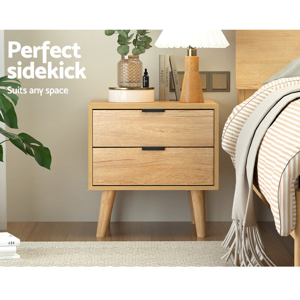 Scandinavian Style Bed Side Table Nightstand with 2 Drawers - Pine - Homecoze