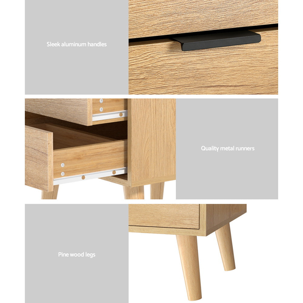 Scandinavian Style Bed Side Table Nightstand with 2 Drawers - Pine - Homecoze