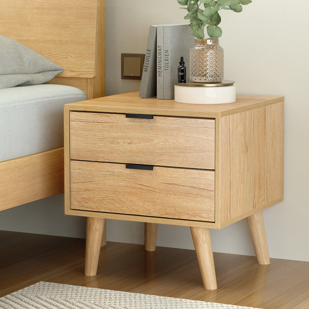 Scandinavian Style Bed Side Table Nightstand with 2 Drawers - Pine - Homecoze