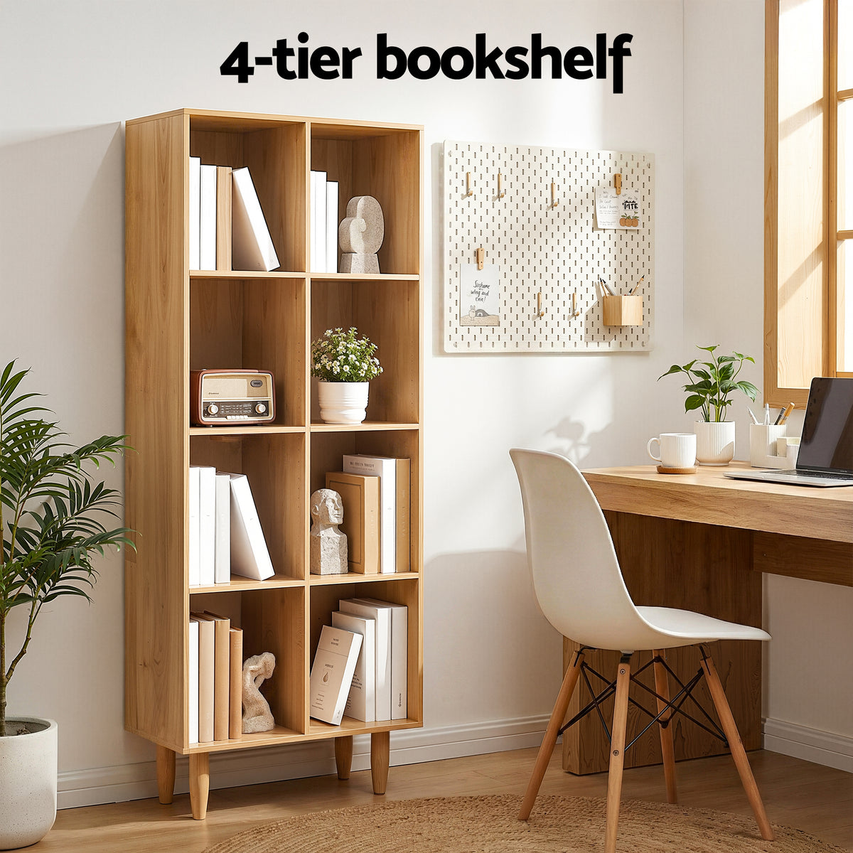 4-Tier Multi-Compartment Bookshelf – Pine