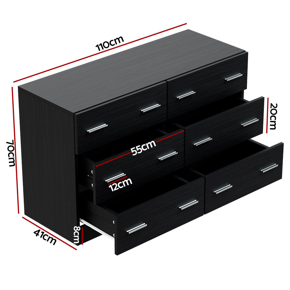 Modern 6 Drawer Lowboy Chest of Drawers Dresser Table - Black - Homecoze