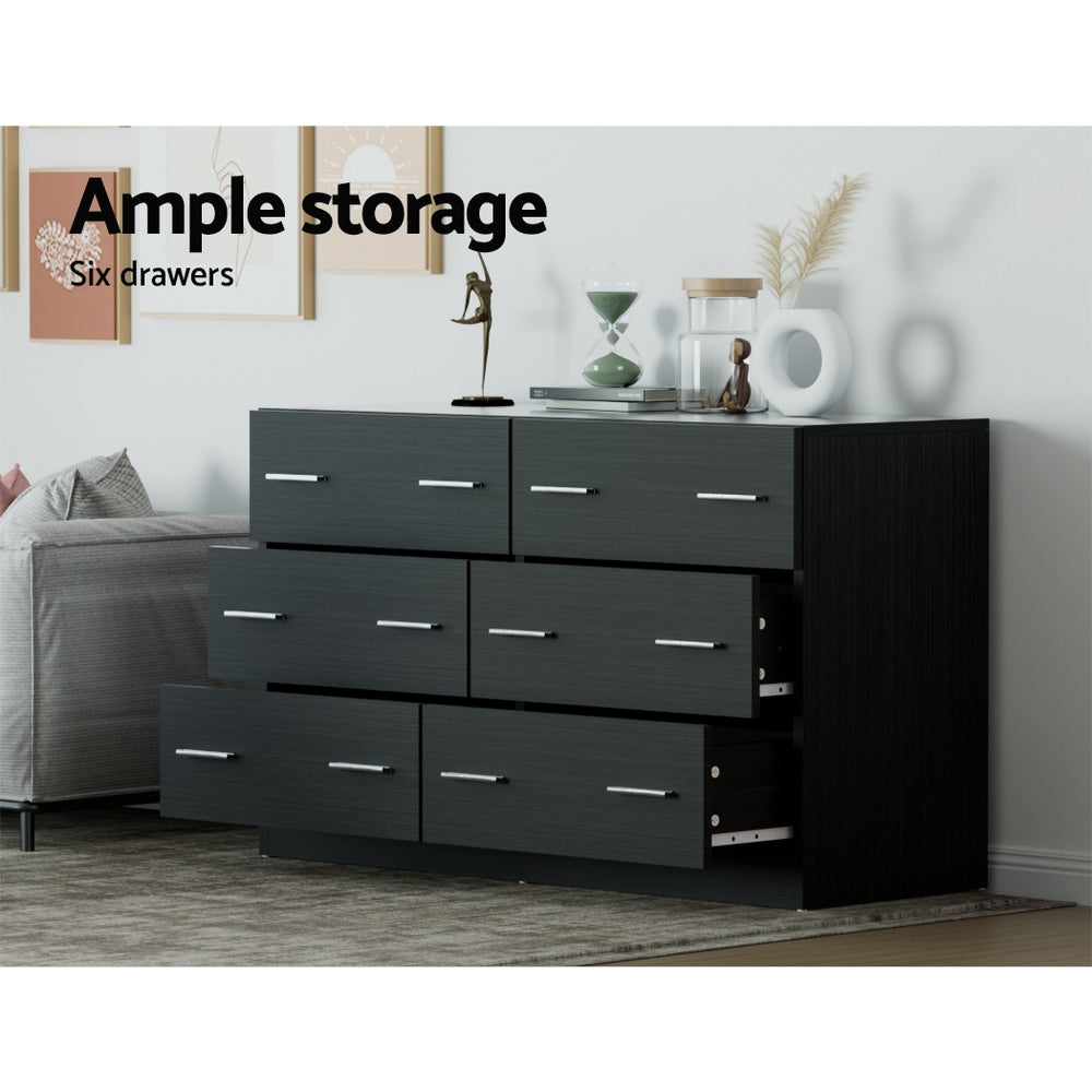 Modern 6 Drawer Lowboy Chest of Drawers Dresser Table - Black - Homecoze
