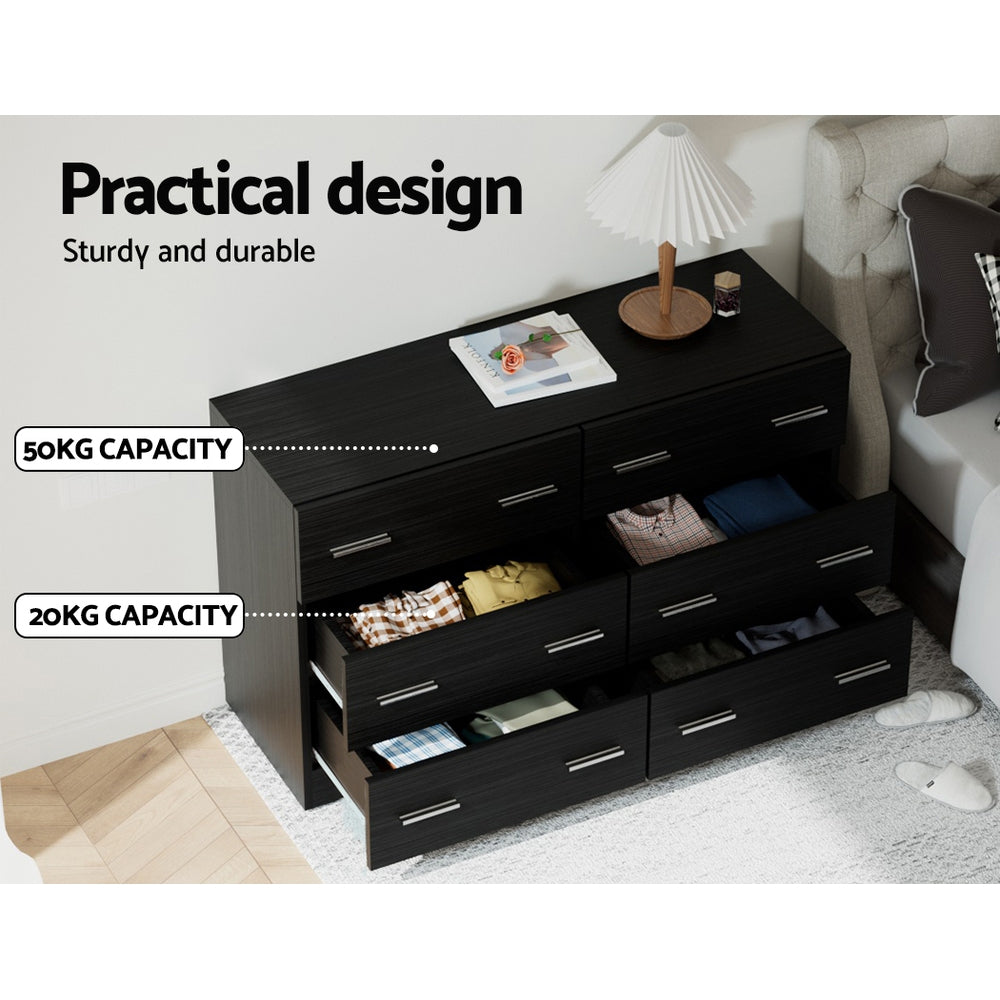 Modern 6 Drawer Lowboy Chest of Drawers Dresser Table - Black - Homecoze