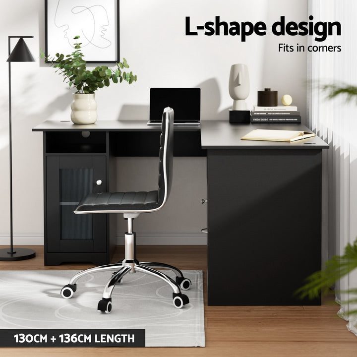 L-shaped Corner Desk with Storage - Black - Homecoze