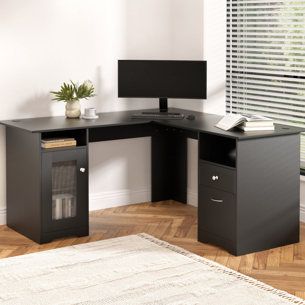 L-shaped Corner Desk with Storage - Black - Homecoze