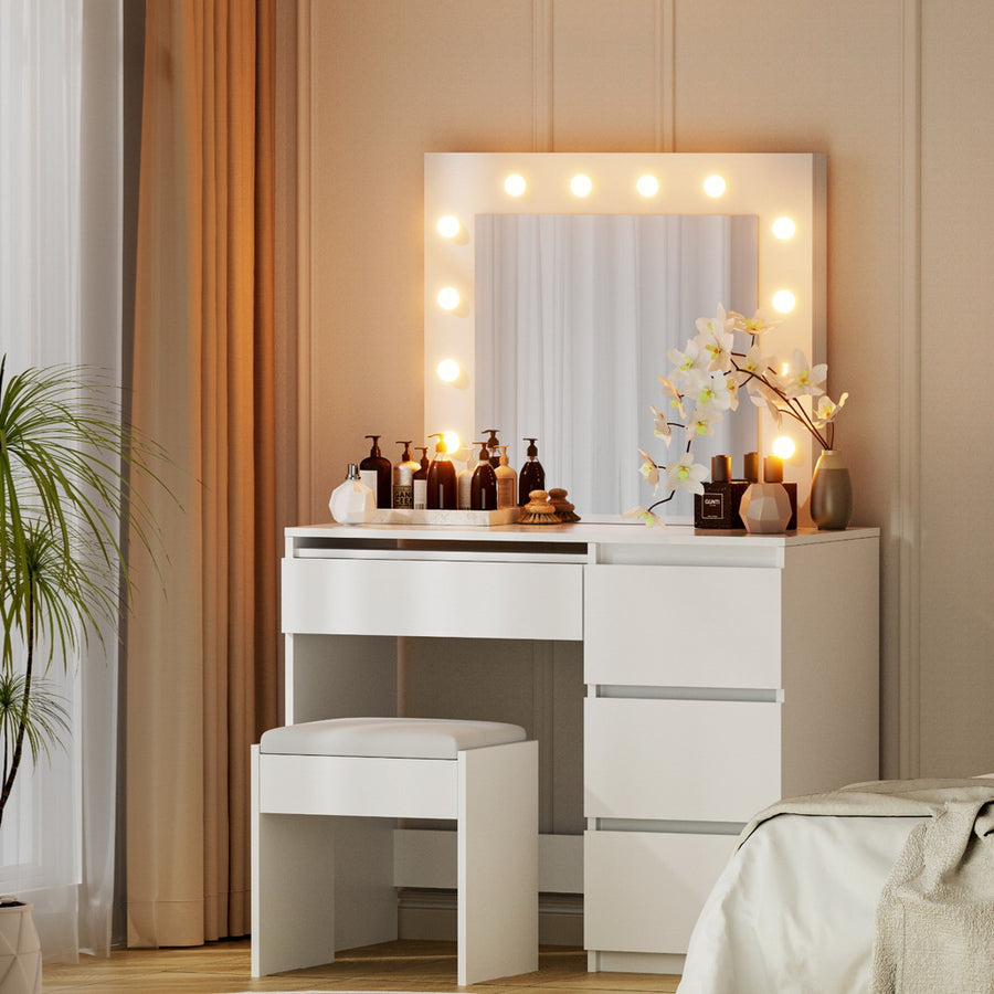 Zyra LED Dressing Table & Stool – White - Homecoze